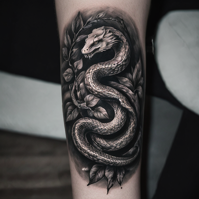 Serpent noir enrouler autour de 3 épées pointent vers le bas-tattoo