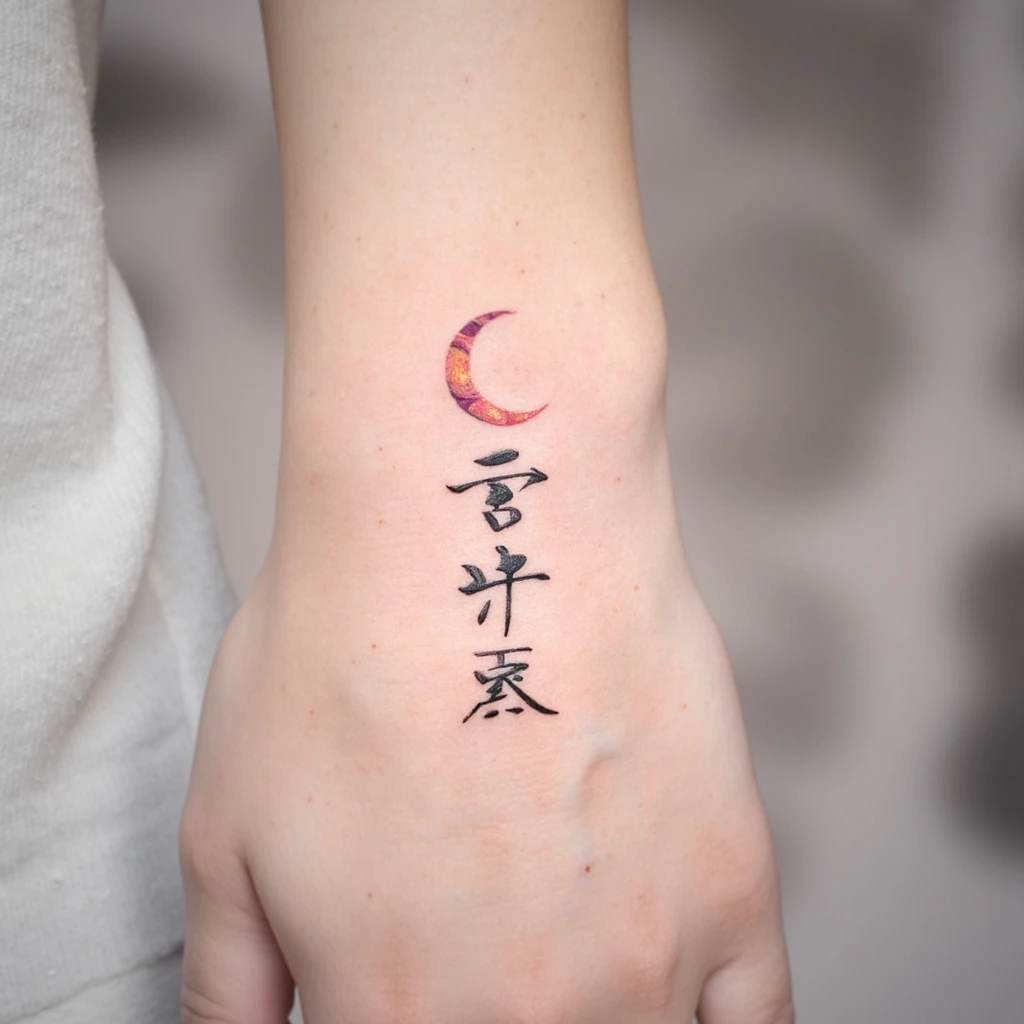 create a tattoo with the Chinese script "月亮", delicate and feminine, with a small delicate crescent moon and a red amulet. It needs to include the ideograms 月亮-tattoo