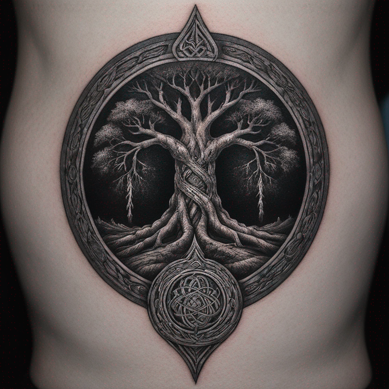 tatouage yggdrasil noeud celtique algiz sowilo monochrome bras taille moyenne-tattoo