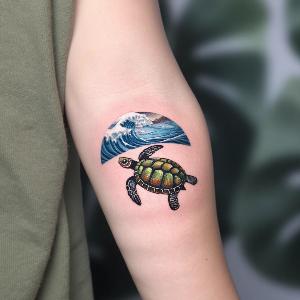 tatouage polynésien pour le biceps avec des vague et écaille de tortue-tattoo