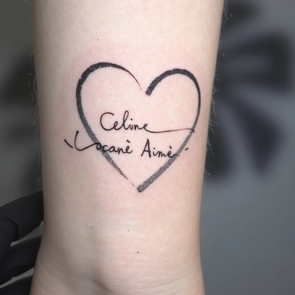 Un tatouage en noir et blanc qui contient un cœur avec les prénom " Celine Oceane Aimé "-tattoo