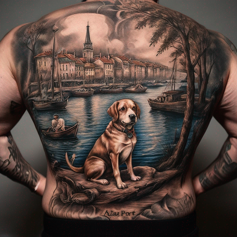 vieux port avec un pecheur avec un chien, des oiseaux, la bonne mère et le logo de l'om-tattoo