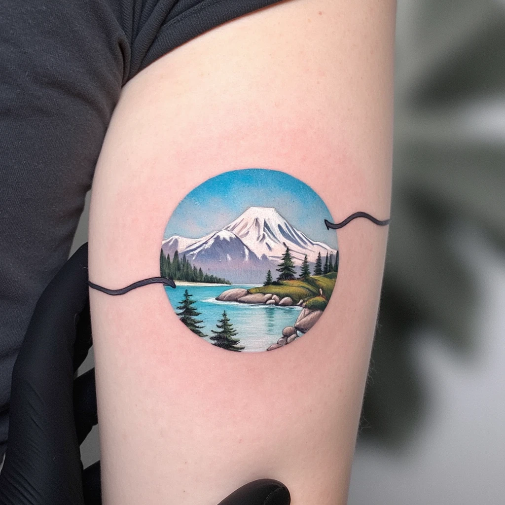 deux brassard sur l'avant bras avec une chaine de montagne entre les deux-tattoo