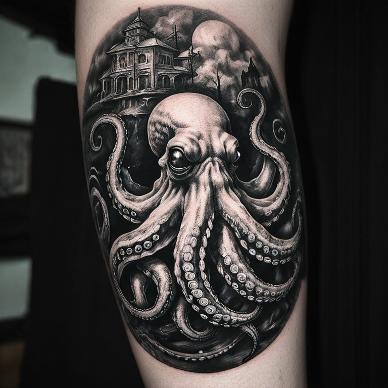 Black and white tattoo of a trippy octopus-tattoo