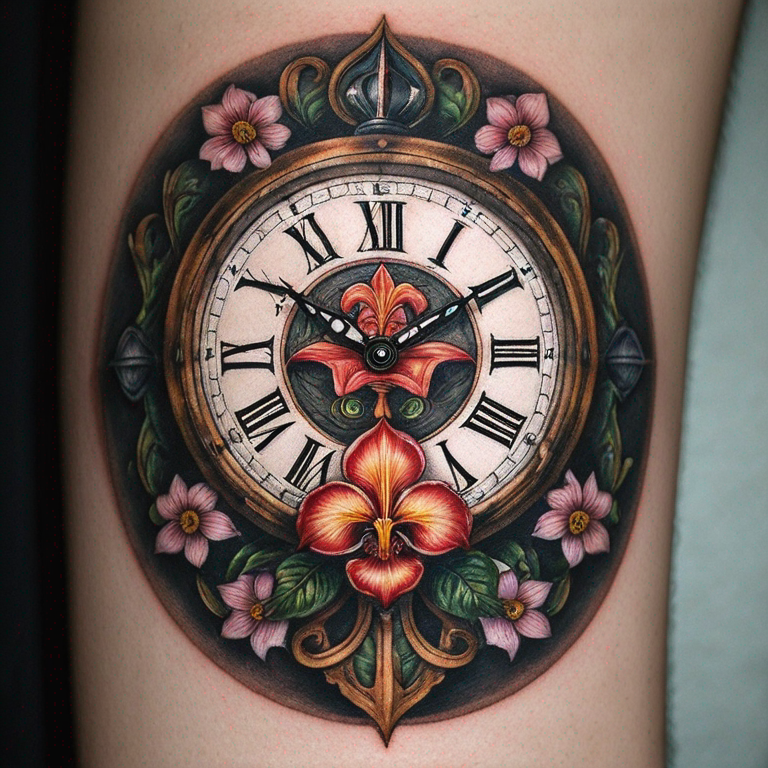 fleurs de lys, horloges qui s'évapore, boussole nordique et cercle avec des écritures-tattoo