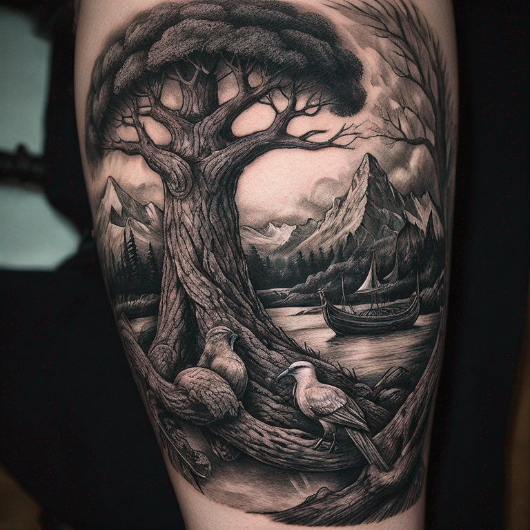 medallón vikingo donde dentro hay dos cuervos volando y el Yggdrasil en el centro-tattoo