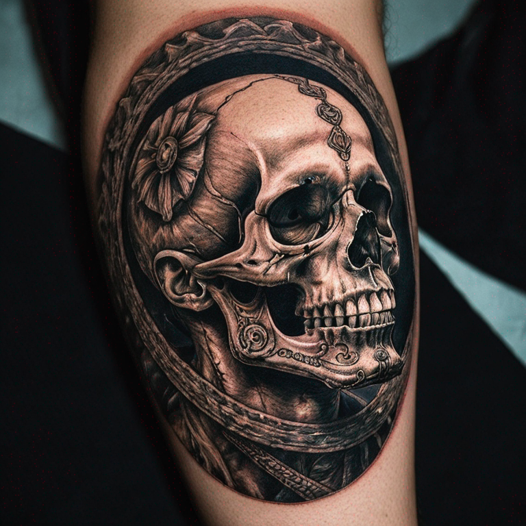 A skull with bandada in his mouth-tattoo