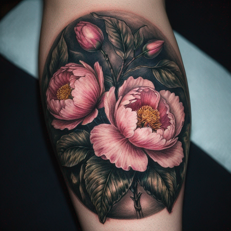 un papillo,n au milleieu et une fleur de pivoine intégrer avec des feuille mélangé-tattoo