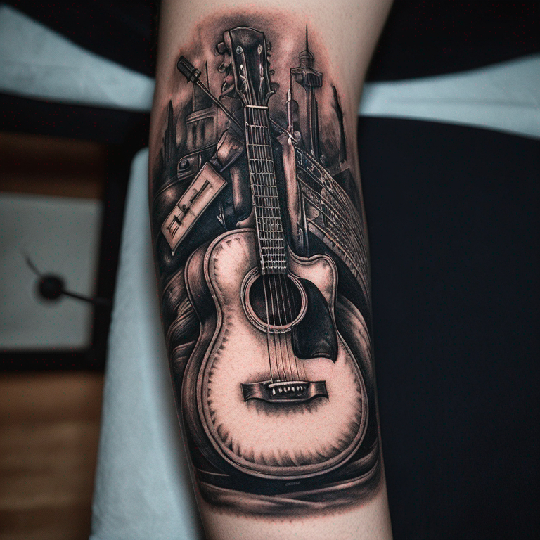 algo relacionado a musica minimalista, violao microfone, guitar, instrumentos-tattoo