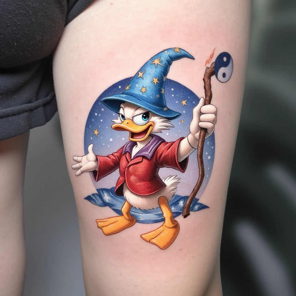 drawing and tattoo of Disney's Scrooge McDuck holding just a wizard's staff with a visible yang-ying symbol at the top-tattoo