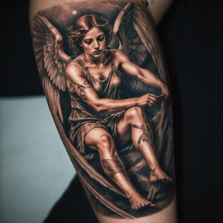 tatuaje de un angel cayendo a punto de ser escatado por un angel mujer-tattoo