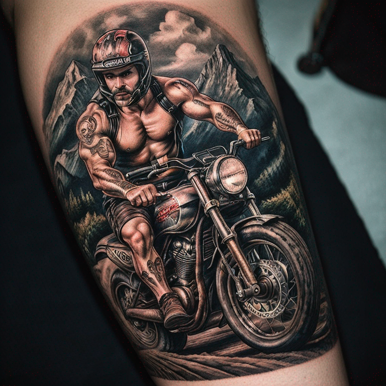 Chico con musculos en moto sobre montaña con curvas al fondo-tattoo