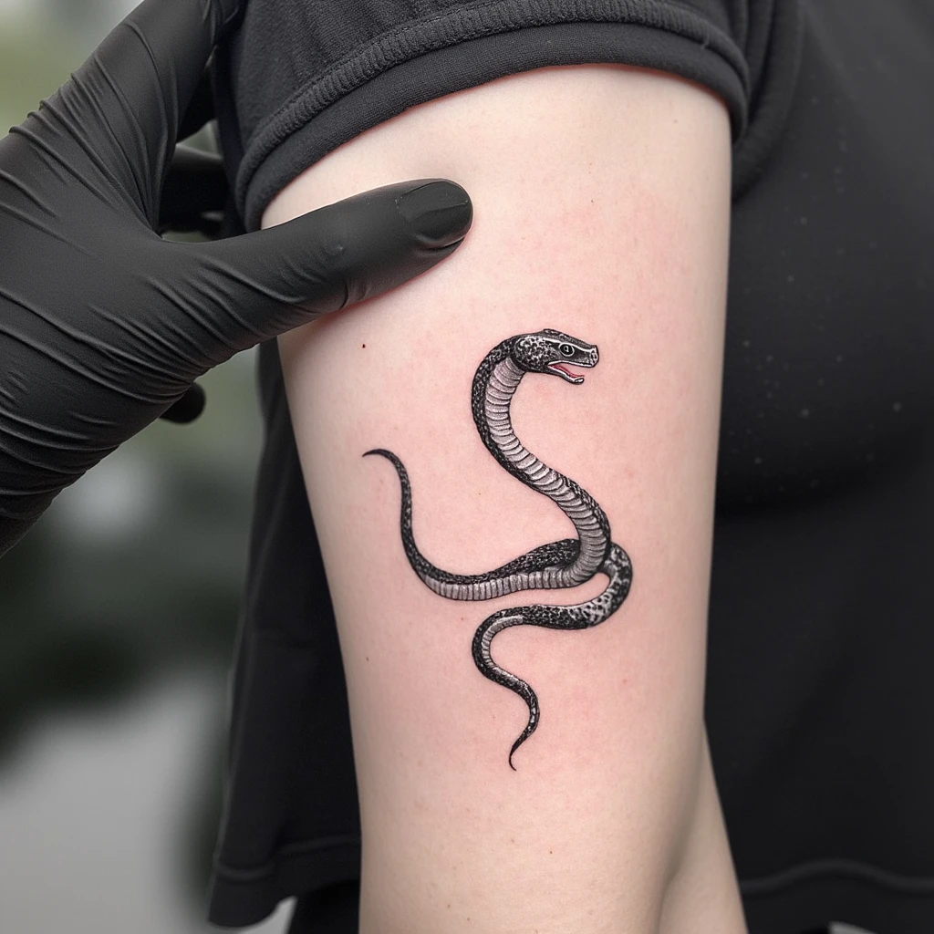 serpent sur le dos femme avec ecris amor fati en dessous-tattoo