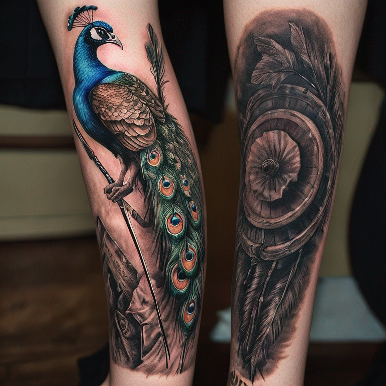 Peacock feather tied up with a shaft of an arrow and has a hidden violin-tattoo