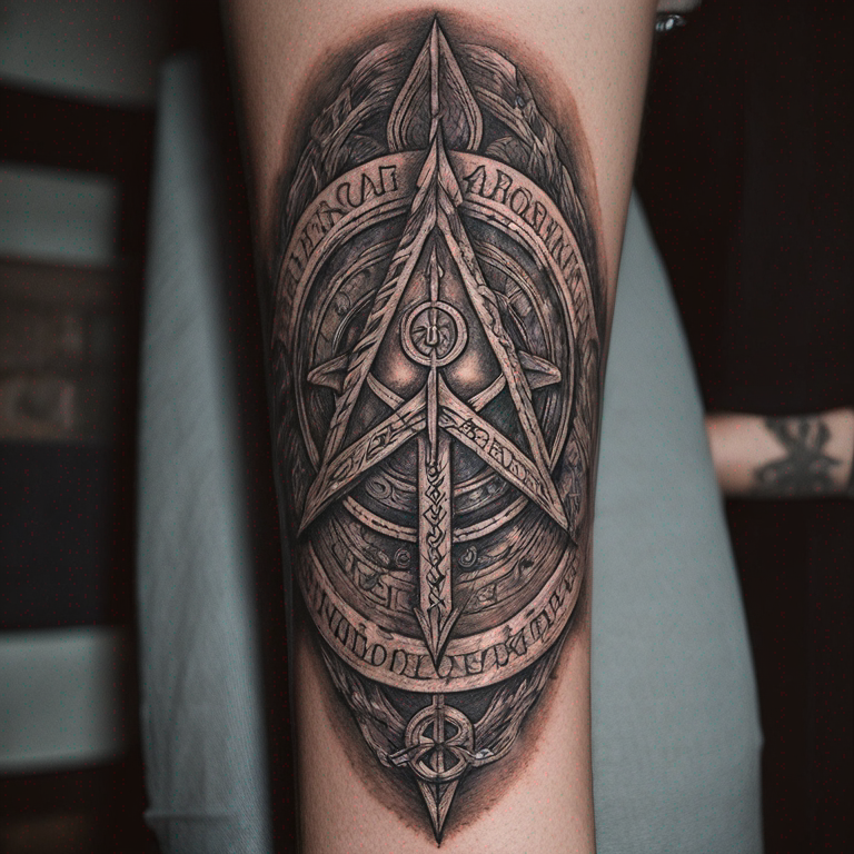 tatouage de tous le bras gauche, type nordique, avec des runes, des symboles nordiques et les 4 éléments, dans une style plus tribal-tattoo