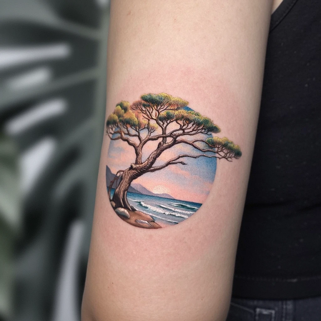 d'une brance d'arbre qui entoure l avant bras, beaucou de detail en noir, une clef de sol doit etre cachet dans le motif-tattoo