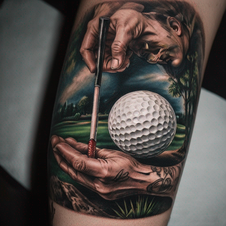 faucheuse tenant une balle de golf dans la main-tattoo