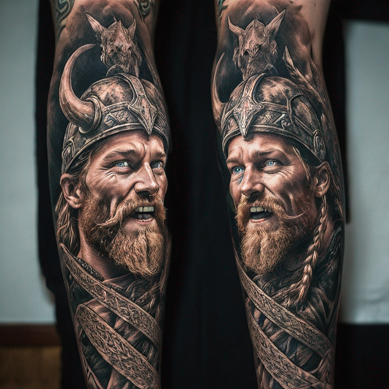 Un Viking utilisant un drakkar en guise de snowboard-tattoo