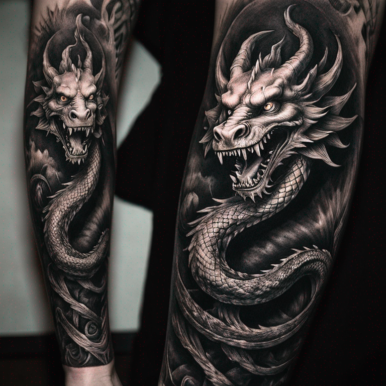 diseño de un tatuaje de un dragon negro enroscado en el brazo-tattoo