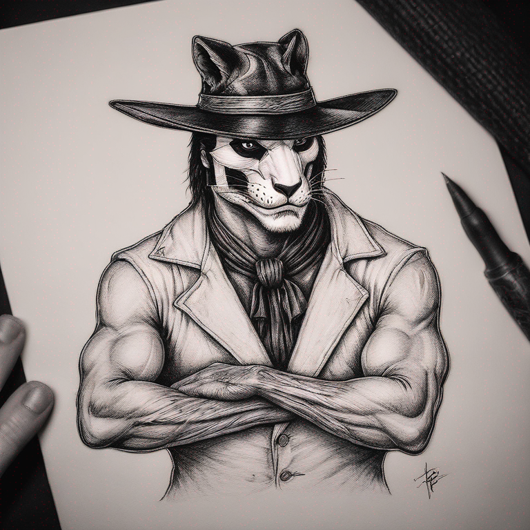 dibujo lineal de un zorro animal  de espaldas jugando a los naipes sobre una mesa contra un esqueleto humano-tattoo