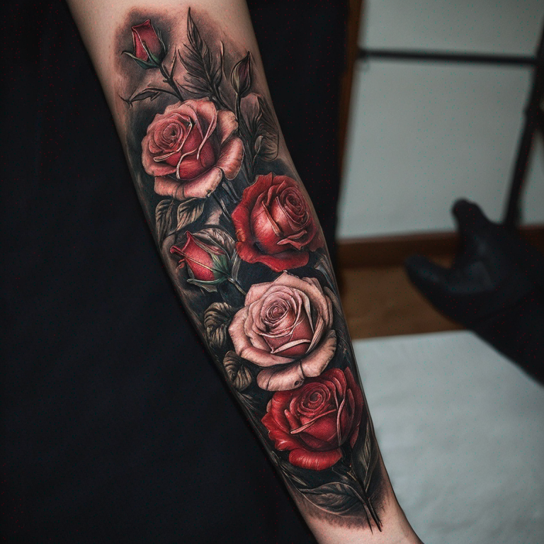 1 flor trompeta de angel y 4 rosas rojas-tattoo