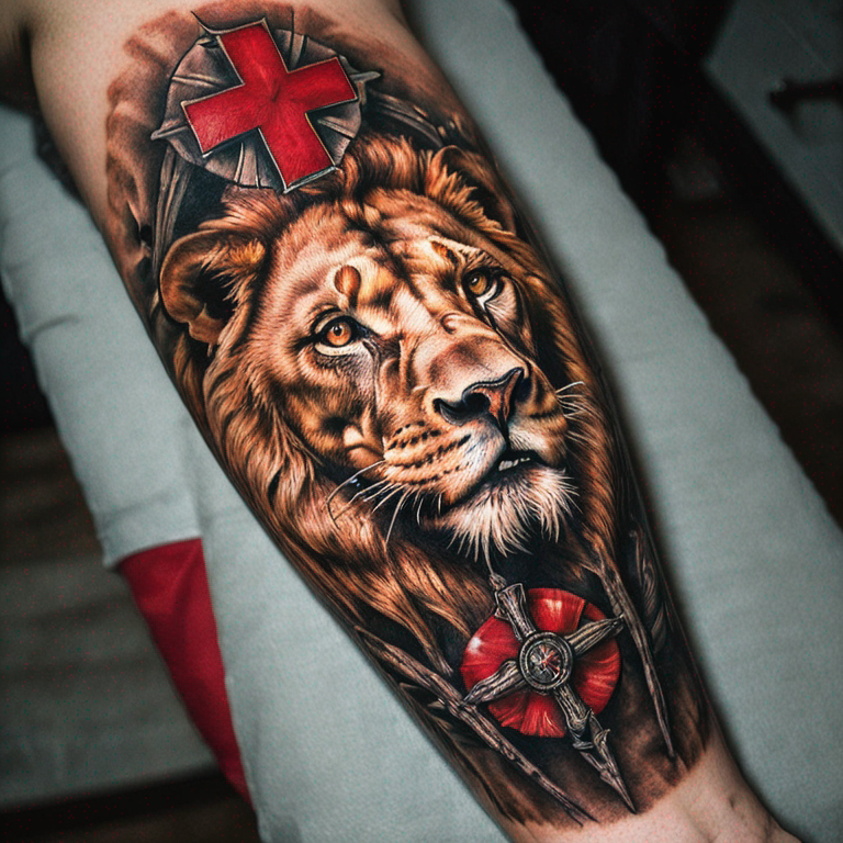 lion forearm with red cross-tattoo