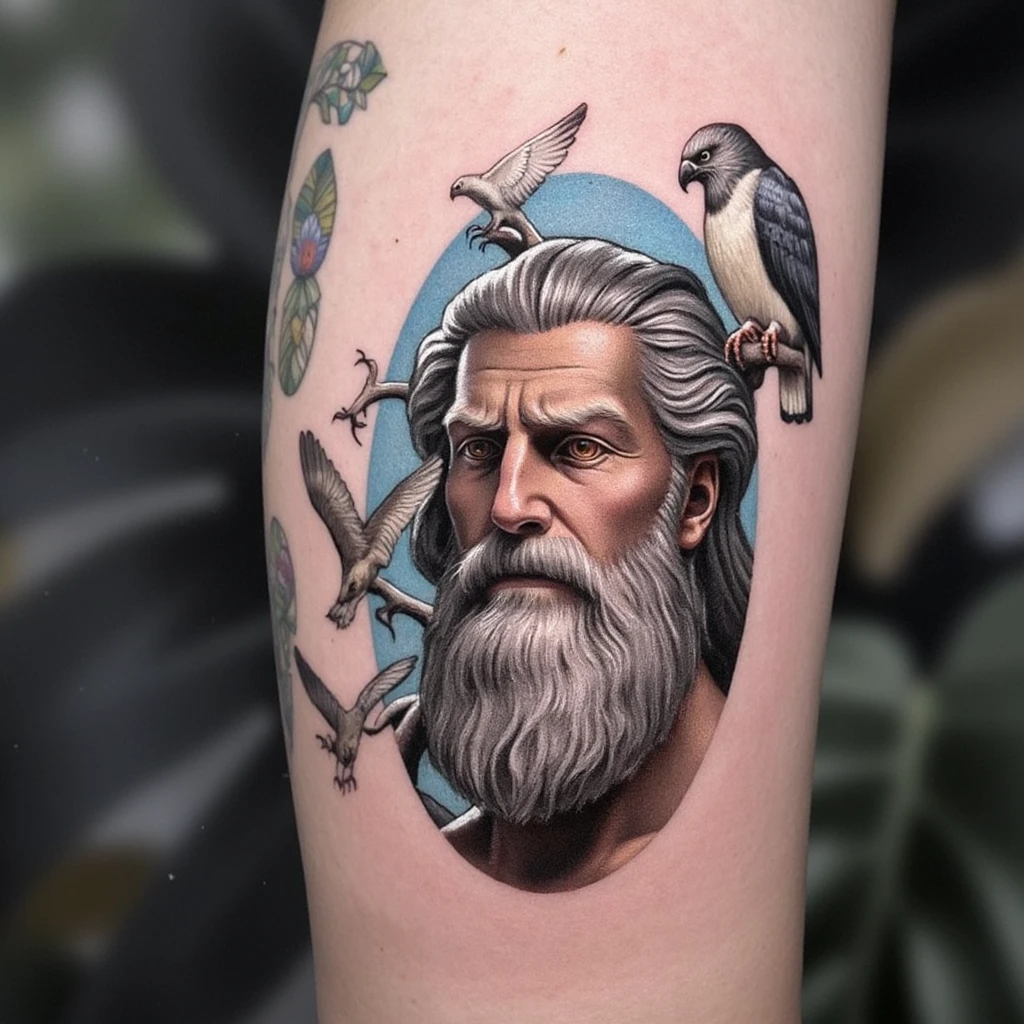 preto e branco com um zeus uma aguia e um relogio-tattoo