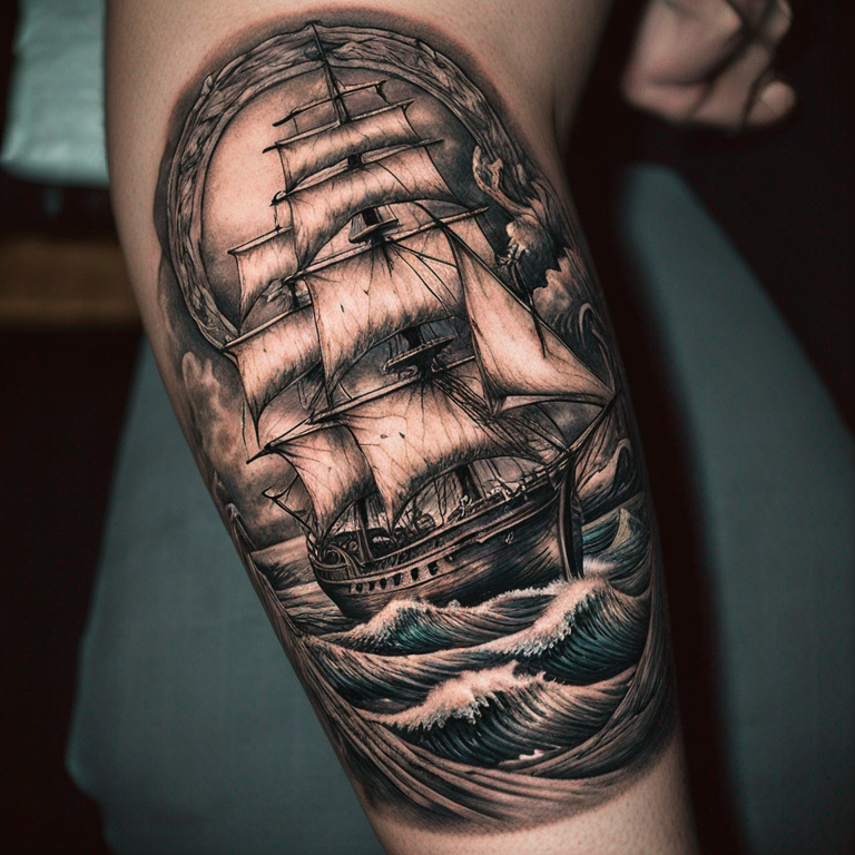 tatuaje de barco en altamar y al mismo tiempo que se aprecie el fondo marino con mucha diversidad de especies y una cirena-tattoo