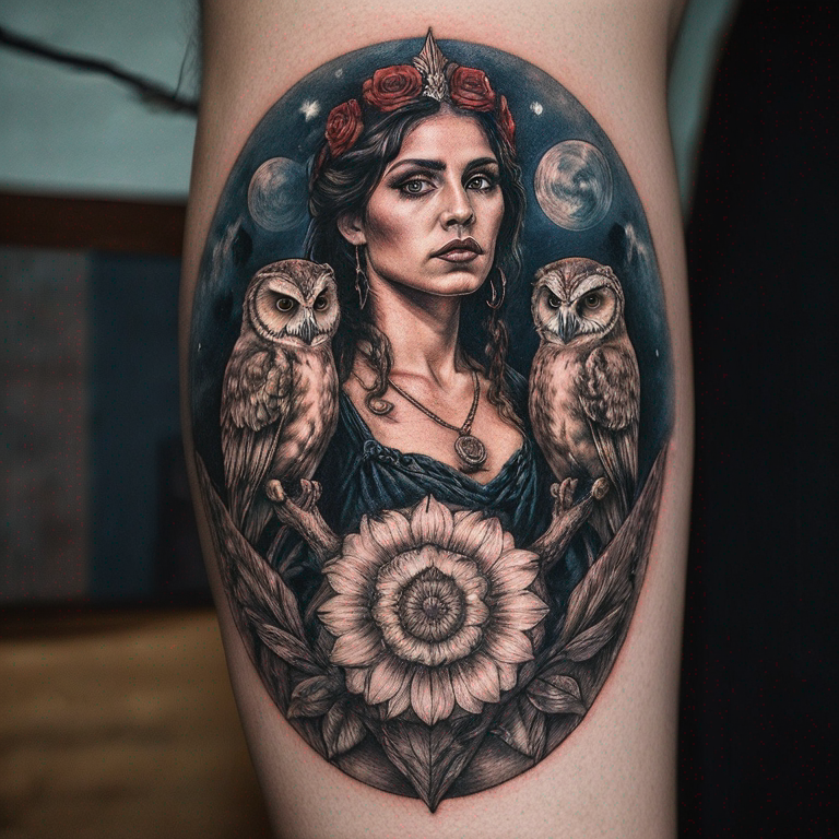 atenea con un buho guerrero-tattoo