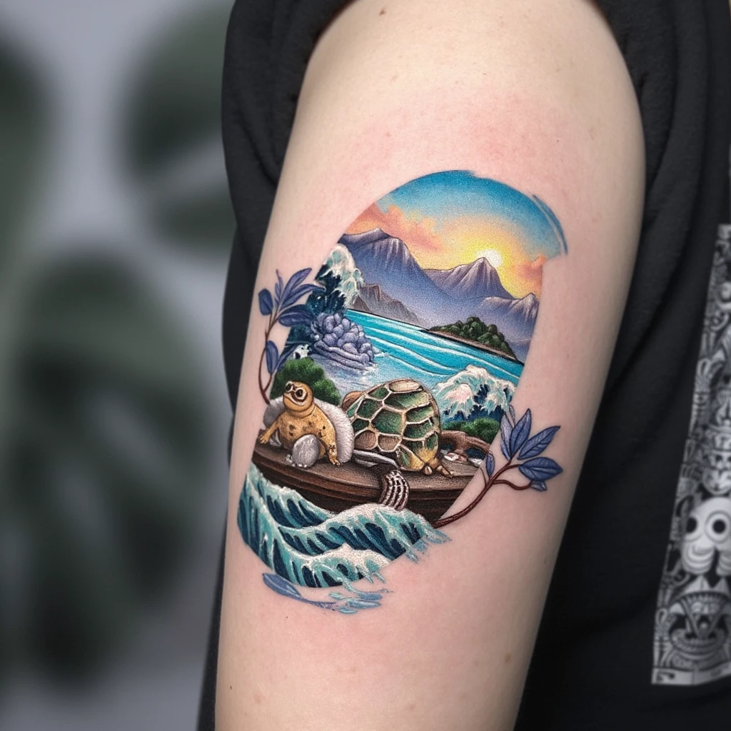 tatouage polynésien pour le biceps avec des vague et écaille de tortue-tattoo