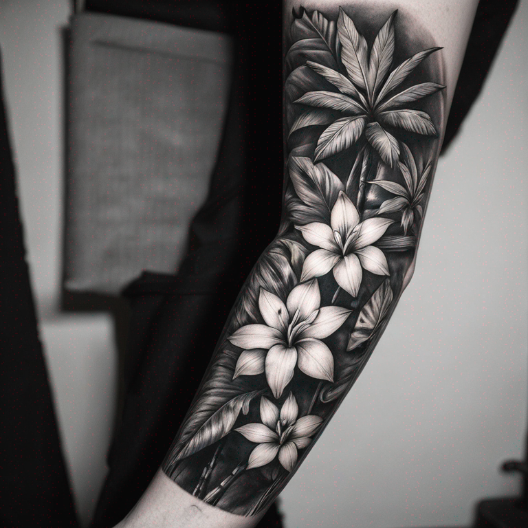 Plantilla  de tatuaje antebrazo completo en blanco y negro, hojas tropicales-tattoo