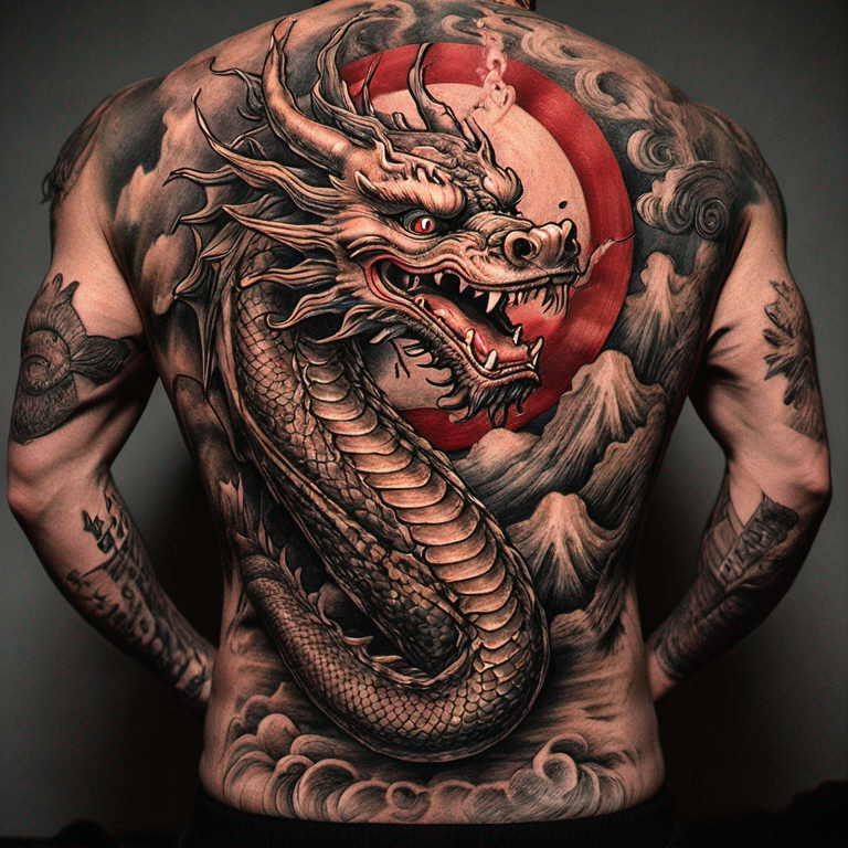 J'aimerais un dragon japonais unique, je le positionnerai sur mon dos, il doit être beau et montrer qu'il a vécu une histoire-tattoo