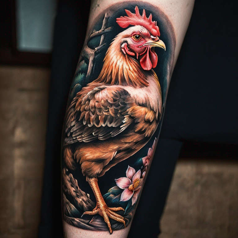 un poulet en style japonais en couleur sur la cuisse-tattoo