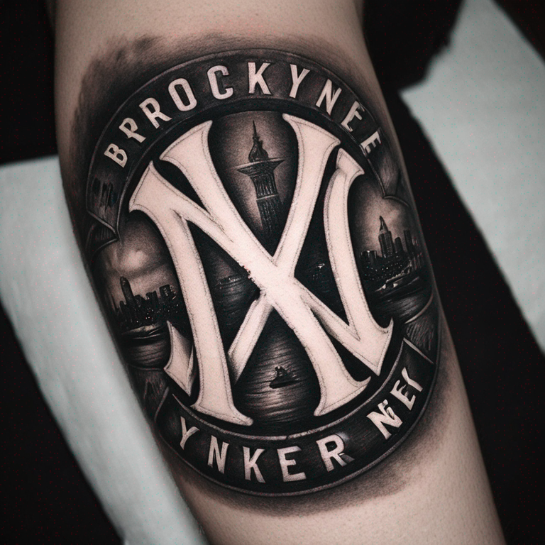 Brooklyn NY is were my story begins wrapped around a NY Yankees large logo in the center being the main focs with lots of shading ,all black and white with a AA Logo towards bottom right-tattoo