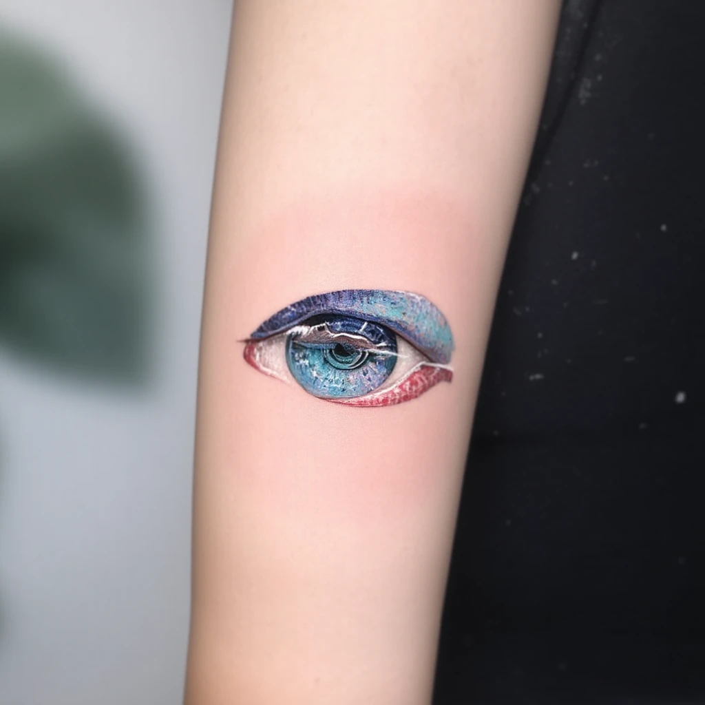 un oeil avec un diaphragme d'appareil photographique au centre et une larme qui coule-tattoo