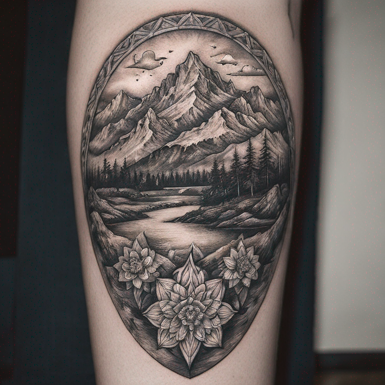 paysage de montagne avec mandala-tattoo