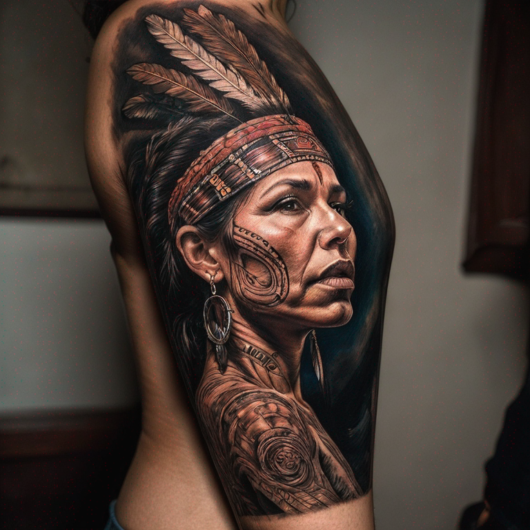 mujer indigena mirando de perfil hacia el mas alla-tattoo