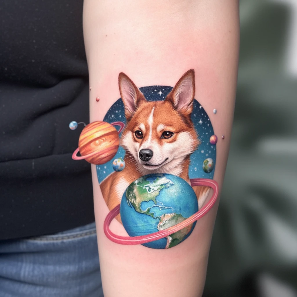 une patte de chien entourné d'un atome de planètes-tattoo