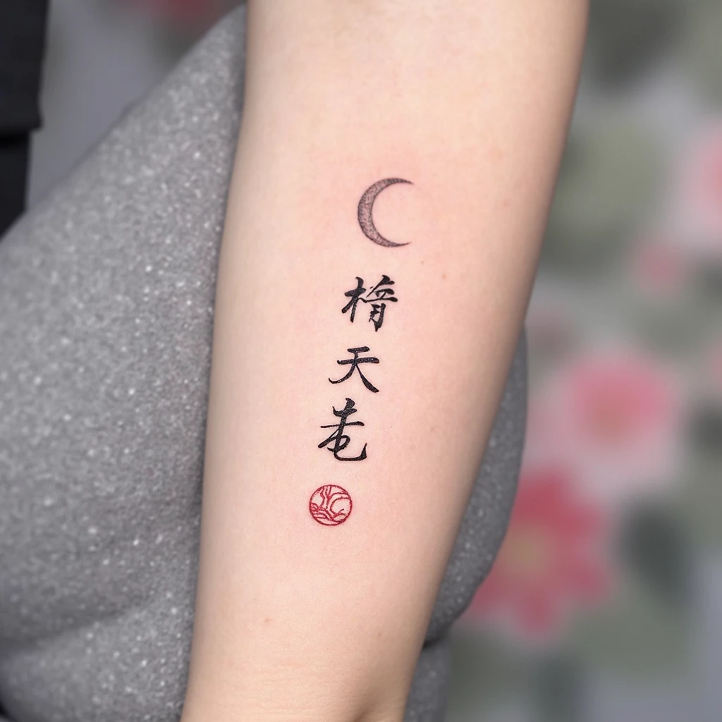 create a tattoo with the Chinese script "月亮", delicate and feminine, with a small delicate crescent moon and a red amulet. It needs to include the ideograms 月亮-tattoo