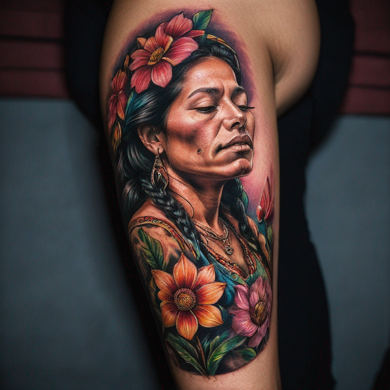 mujer andina en 3/4 sosteniendo un antifaz boliviano  con flores neotradicional , a colores-tattoo