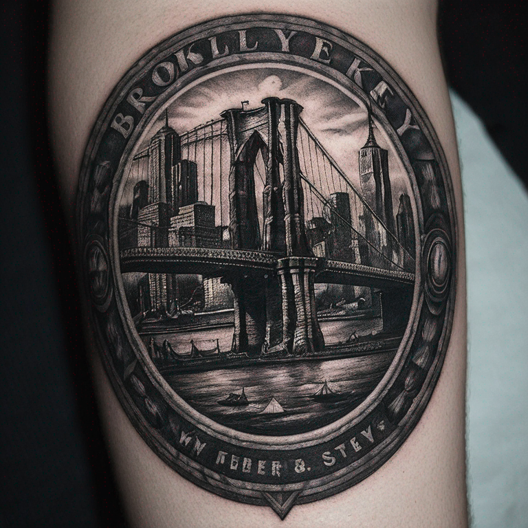 Brooklyn NY is were my story begins wrapped around a NYYankeys large logo in the center being the main focus with lots of shading all black and white with a AA Logo towards bottom right-tattoo