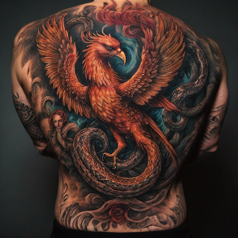 un phoenix qui tient 2 serpents dans ses pattes pour pectoraux-tattoo