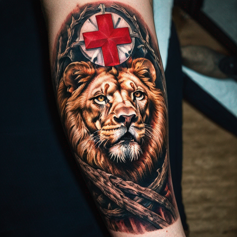 lion forearm with red cross-tattoo