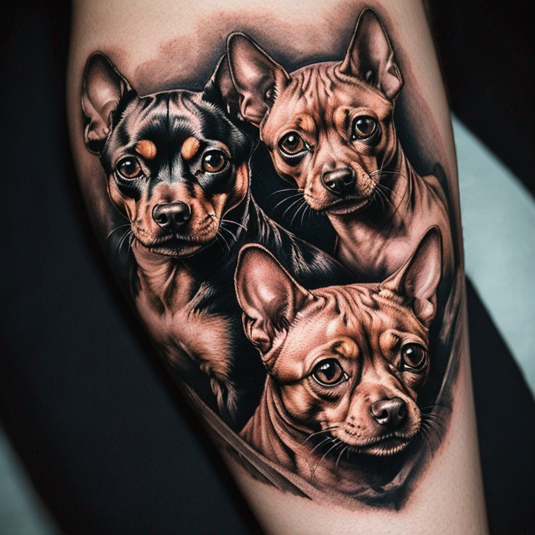 tatuaje sencillo de lineas con 2 gatos y 4 perros pinscher-tattoo