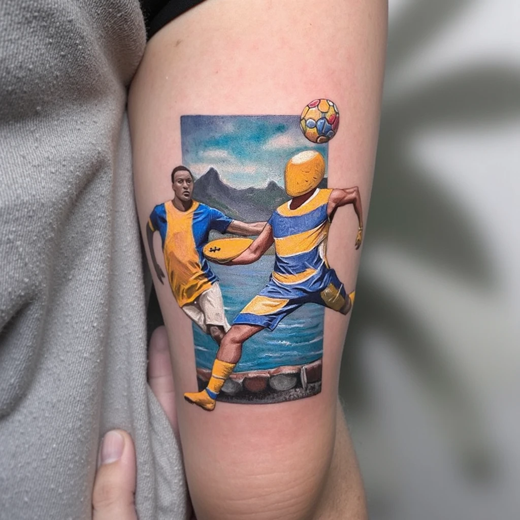 Un tatuaje abstracto y con mezla de realismo de Uruguay, su cultura por el mate y el fútbol con cosas de Peñarol y colores del club-tattoo