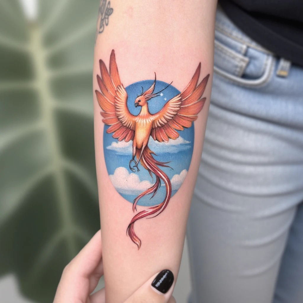 tatouage verticale d'un phoenix avec caché le prénol Alix et la date 01.10.24-tattoo