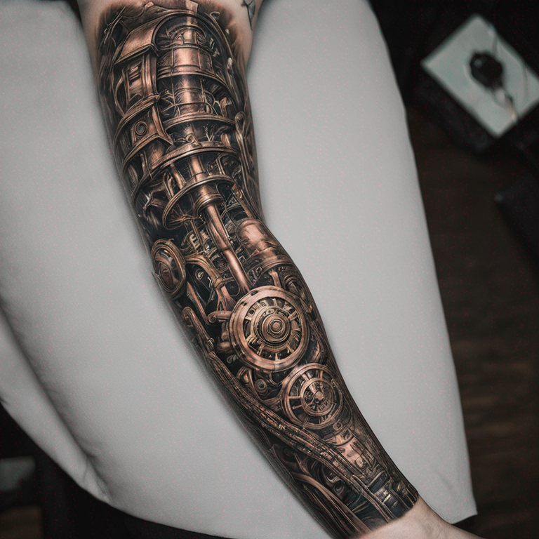 steampunk biomechanical arm sleeve-tattoo