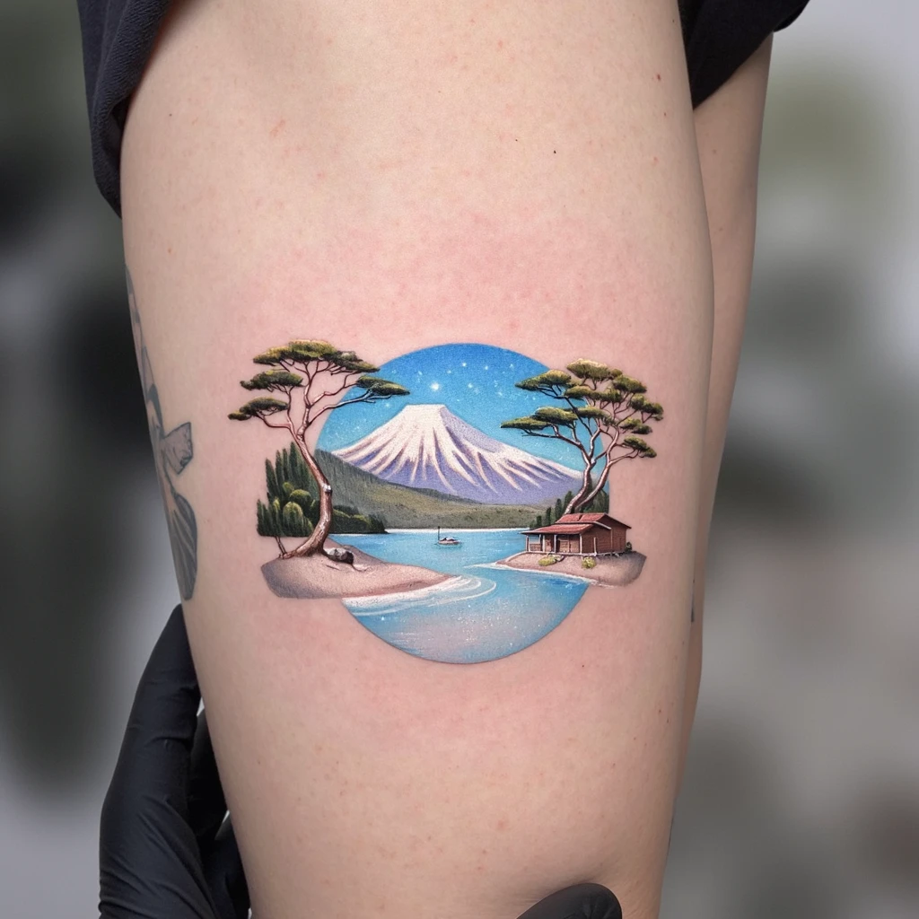 sur l'avant bras un boussole avec un montagne et des arbre-tattoo