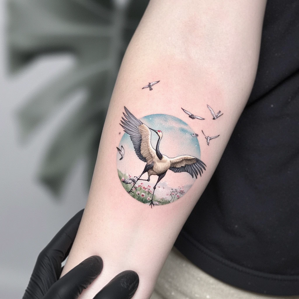 2 cranes humains réalistes l,un au dessus de l'autre  avec des ailes d'oiseaux qui sortent du premier crane et de la fumer-tattoo