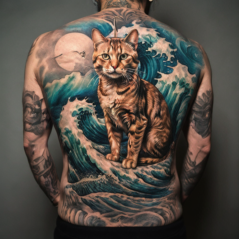 cat on ocean wave-tattoo